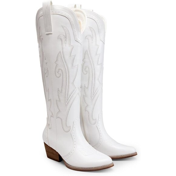 Women's White Comfortable Chunky Heel Embroidered Western Retro Knee High Boot - Picture 7 of 9